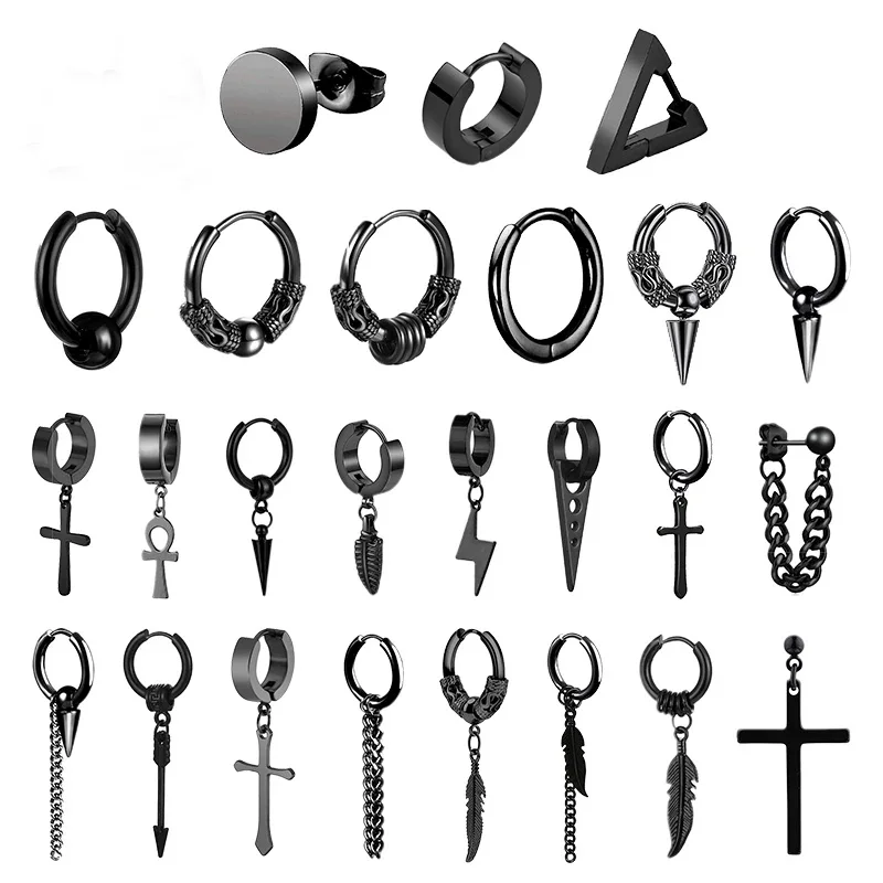 1 Para Punk Kolczyki sztyfty ze stali nierdzewnej Czarne kolczyki Zestaw dla mężczyzn Kobiety Vintage Hip Hop Piercing Biżuteria do uszu Akcesoria — 2