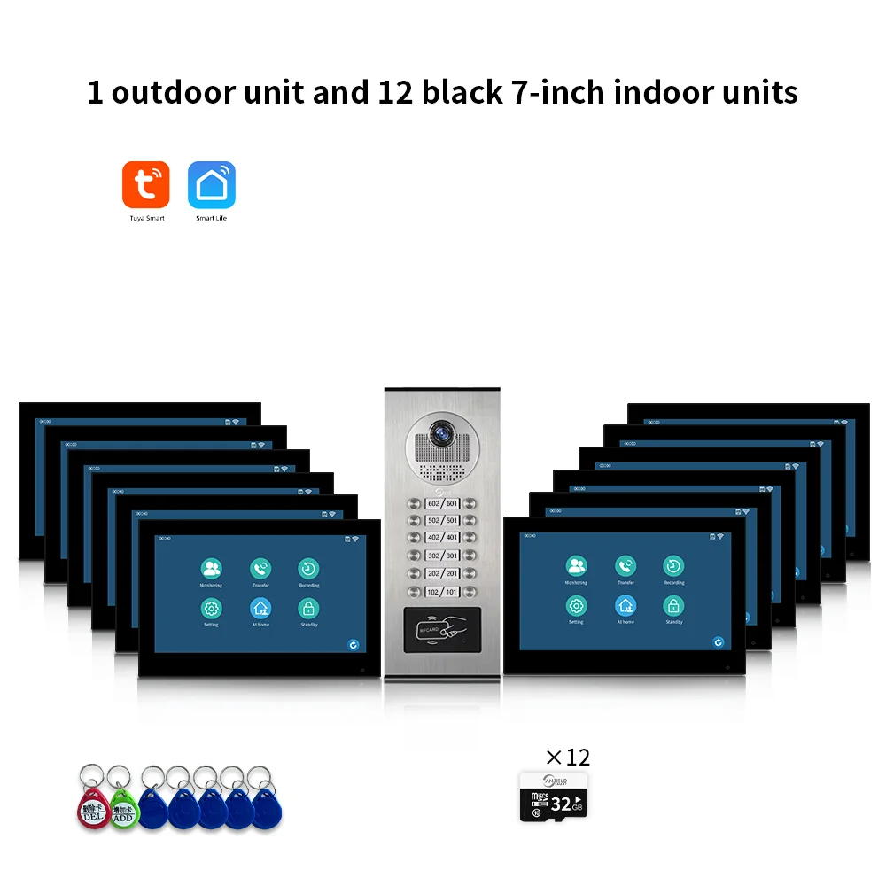 ANJIELO 7-inch 2/3/4/6/8/10/12-unit multi-unit deurbel video-intercomsysteem 1080P display Tuya slimme videodeurbel
