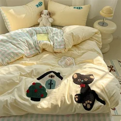 Cartoon German Cat Towel Embroidery Sanded Autumn And Winter Bedding Four-Piece Set Quilt Cover Bed Sheet Cute Student Dormitory