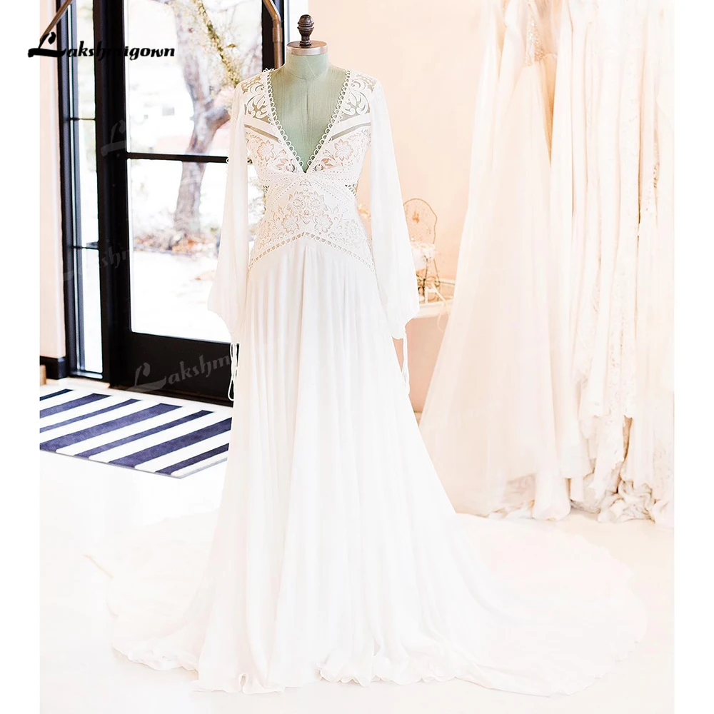 Boho Sexy V Neck Open Back Full Sleeve Lace Top Chiffon A Line Wedding Dress For Women Beach Bridal Gowns Sweep Robe De Mariée