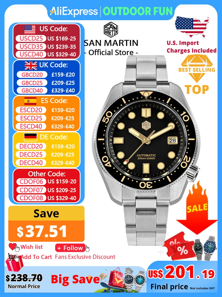 

San Martin 44 мм мужские дайверские часы винтажные MM300 позолоченный циферблат спортивные NH35 автоматические механические сапфировые водонепроницаемые 300 м C3 Lume SN0087