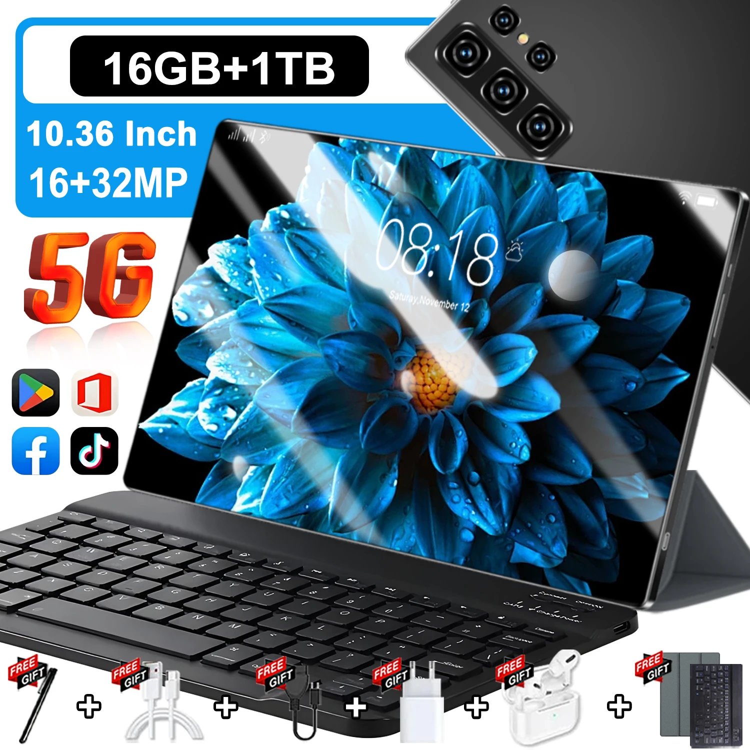 Nueva Tablet para Juegos y Oficina de 10.36 Pulgadas, 10 Núcleos, Android 13, 16GB+1TB, 5G WiFi, Batería Ultra de 20000mAh, Cámara Frontal de 16MP, Cámara Trasera de 32MP, Teclado, Lápiz Óptico y Auriculares Gratis