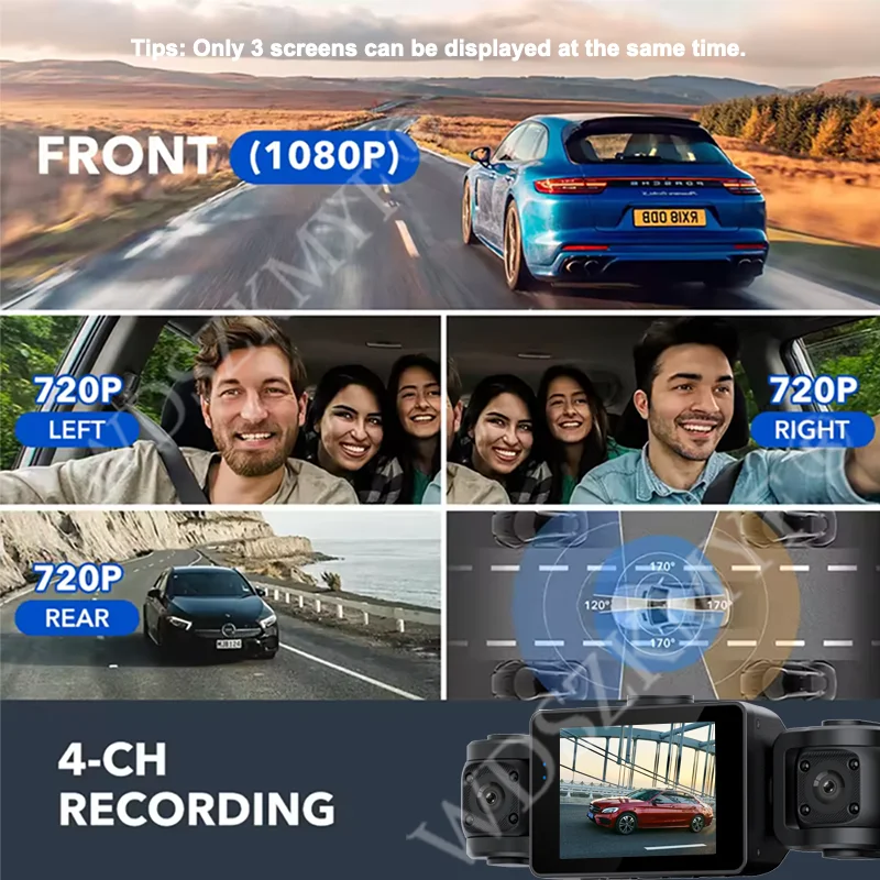 3/4 Channels 360° DashCam WIFI Video Recorder 1080P Car DVR 24H Parking Monitor Front Right Rear View Night Vision Black Box