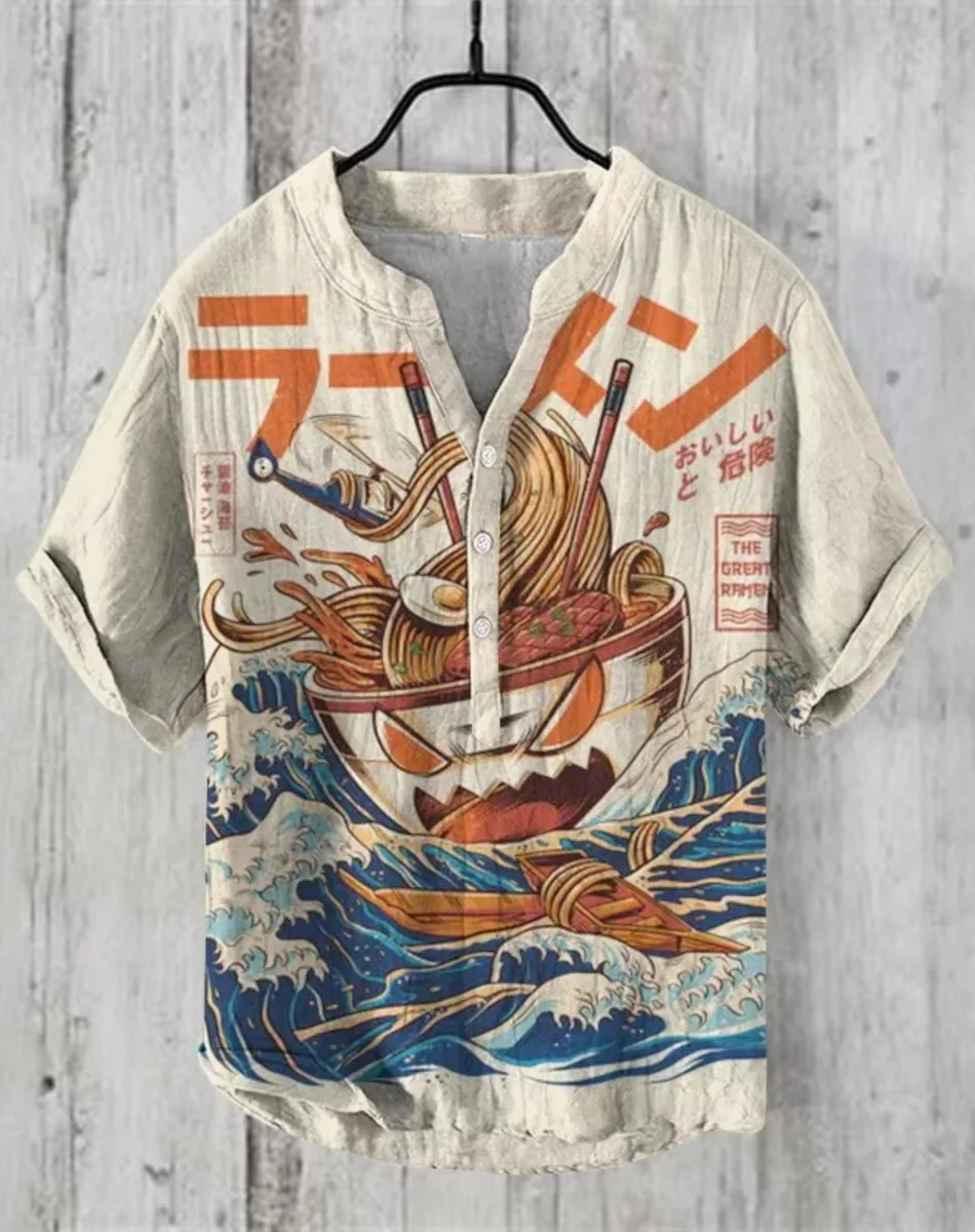 越境直販パーソナライズされたアニメ 3D 印刷カジュアル半袖リネンシャツメンズルーズユース文学シャツ高速