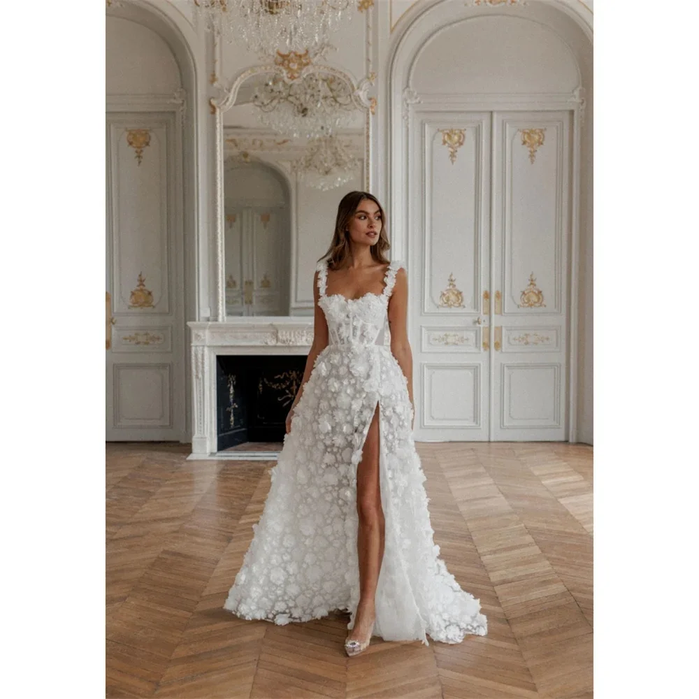 Amanda Customized Lace Spaghetti Strap robes de soirée Side High Split Appliques Evening Dresses Wedding Party Wedding Dress — zdjęcie 2