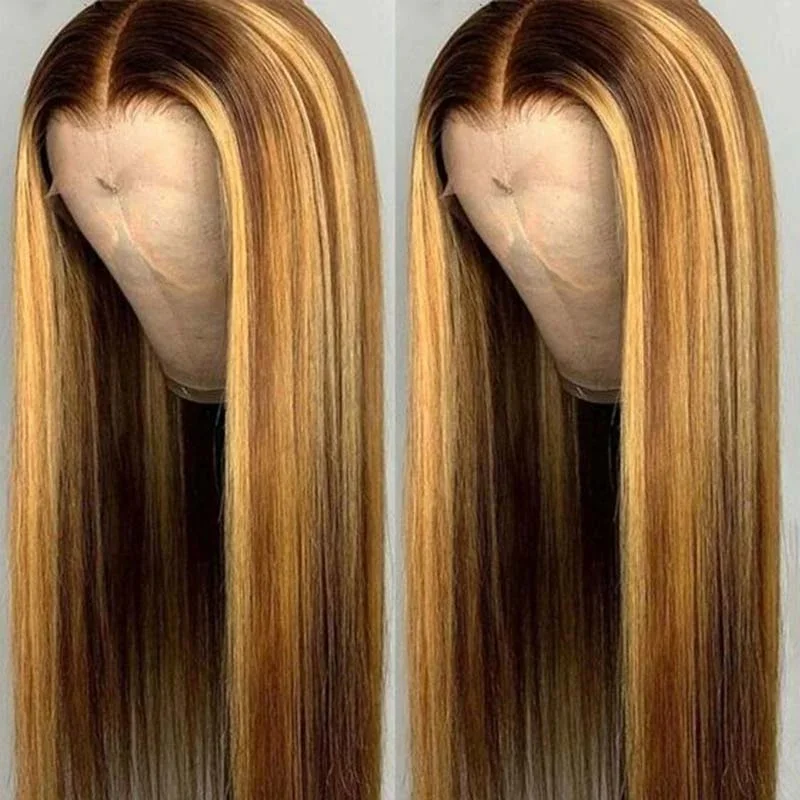 Ombre Highlight Straight Lace Front Wig, Glueless Wig, Pre-arrancado, 180% Densidade, Cabelo Humano, 4/27 Wear, 7x5 HD, 20 em