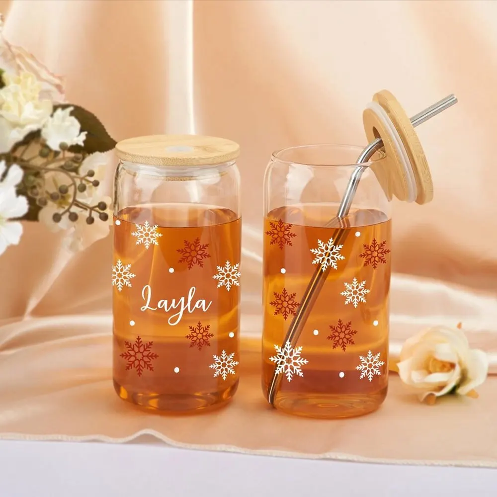 2026 New Snowflake Glass Can Cup Custom Name Iced Coffee Tumbler with Bamboo Lid and Straw, Christmas Holiday Drink Gift