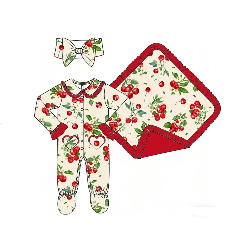 Boutique girls' blanket and romper lapel ruffle buttons love pocket binding feet fruit flower print Custom patterns wholesale