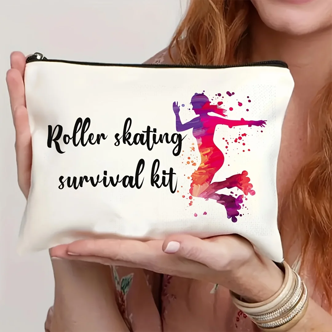 1Pc Roller Skating Survival Bag with Retro Design, Multifunctional Travel Makeup Bag, Snack Storage Bag, Stationery Storage Bag, Fashionable Toiletry Bag, Canvas Double-Sided Printed Zipper Pouch