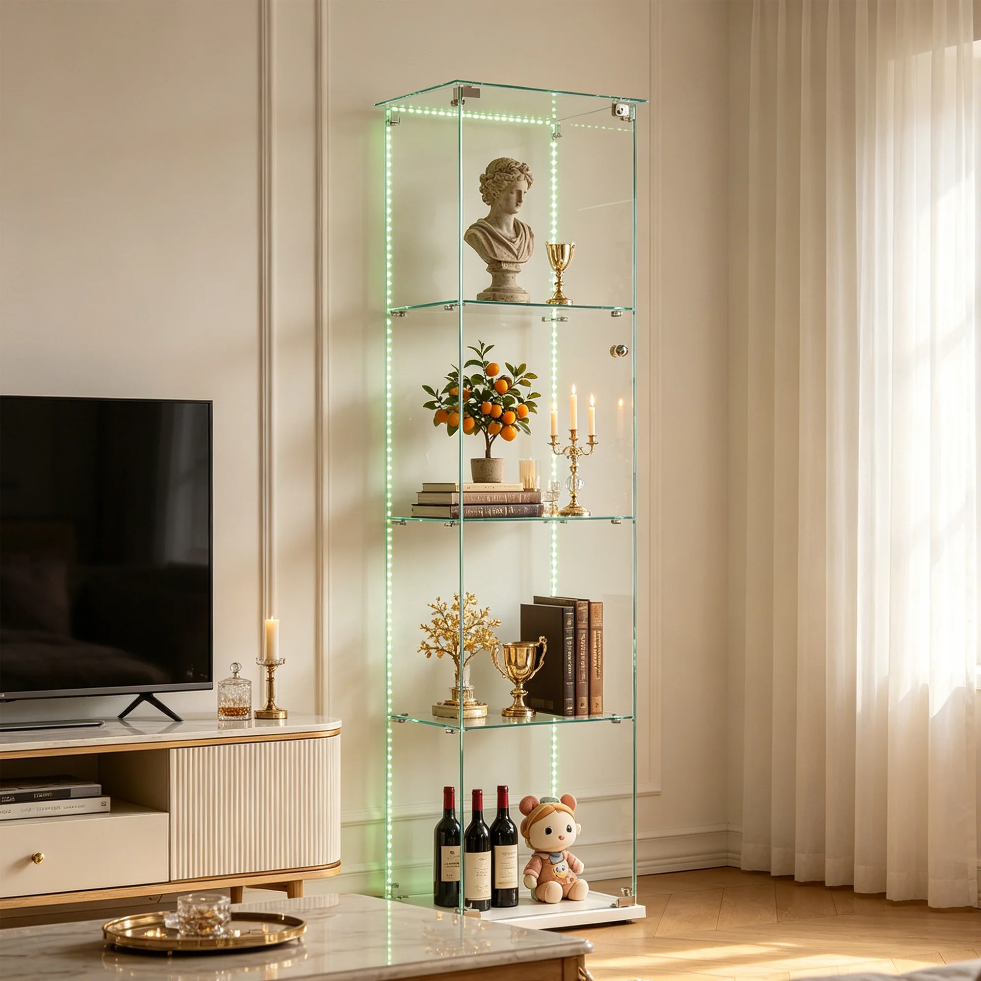 Vetrina in Vetro Anajqaqia 163x40x35cm con Strisce LED, 4 Ripiani, Espositore in Vetro per Oggetti da Collezione, Soggiorno, Bianco
