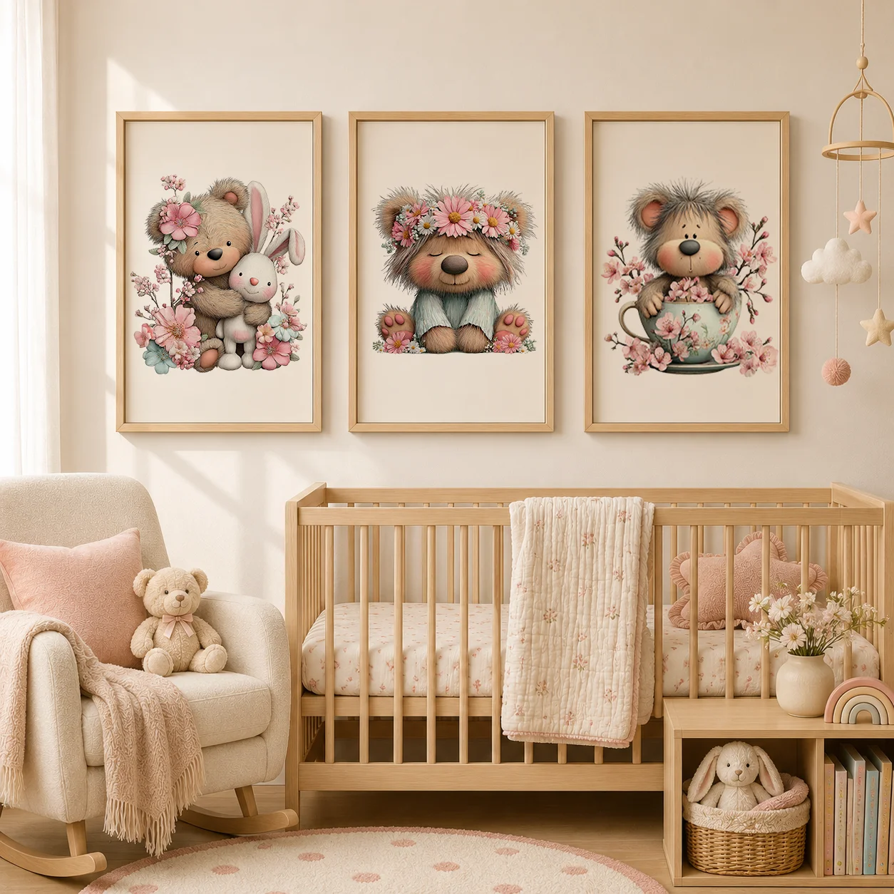 Nursery Flower Wall Art, Cute Teddy bear Canvas Painting, Plant Cherry Blossom Poster Print for Kids Boy Girl Bedroom Decor