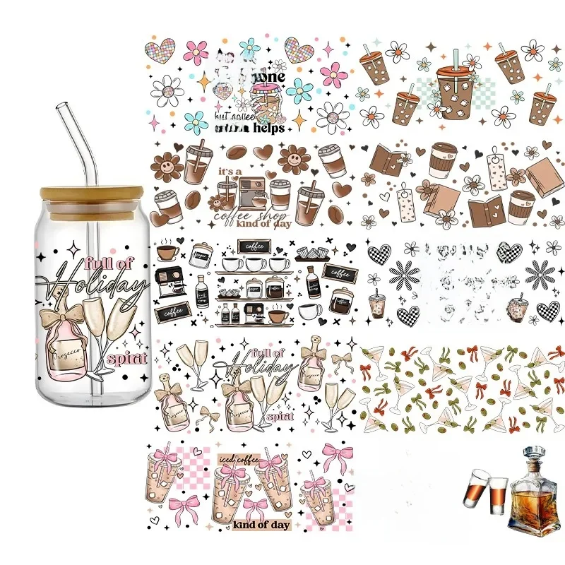 Autocollant de transfert de tasse en verre, Design de boisson UV DTF 3D 16oz, dessin animé de vin, autocollants imperméables de haute qualité