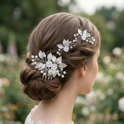 3pcs Silver Leaf Hair Clips and Hair Combs Set Pearl Flower Bridal Headpiece Wedding Hair Accessories For Women Bridesmaid Gifts