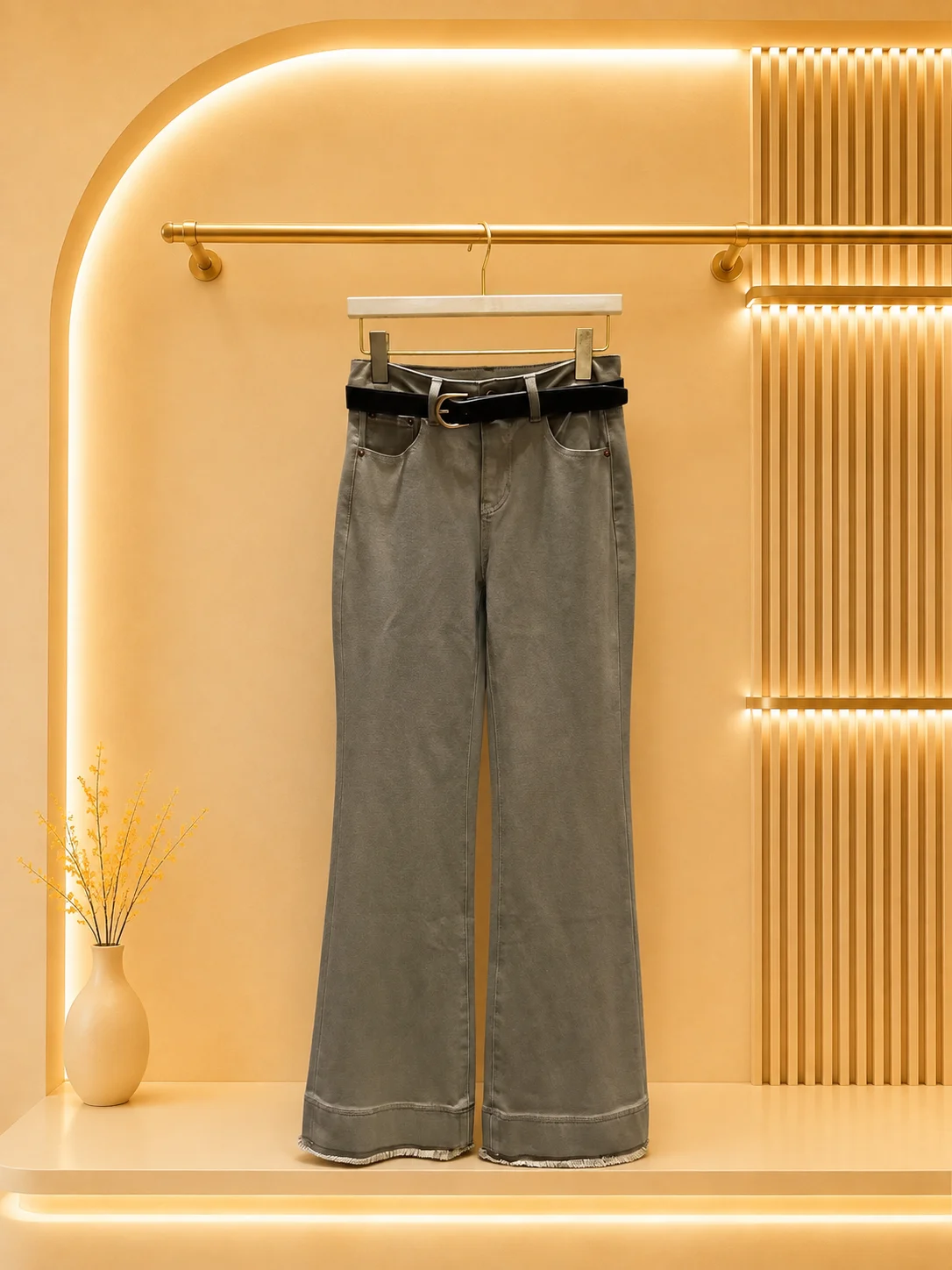 2026 Women Jeans Washed Grey Denim High Waist Flared Trousers Matching Buckle Belt Included Frayed Raw Cuff Hem