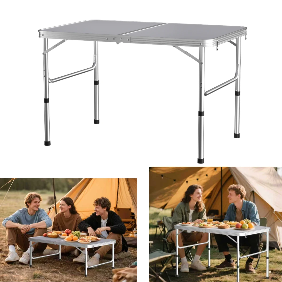 Faltbarer Campingtisch 90cm, Tragbarer Picknicktisch, geeignet für indoor / Outdoor, camping, strandpicknick，Silber