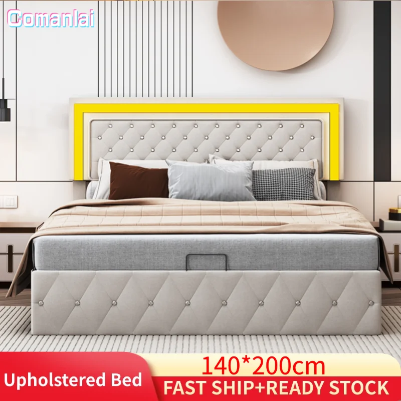 Letto imbottito Comanlai 140x200 cm, letto contenitore idraulico, letto matrimoniale a LED con spazio contenitore e rete a doghe, velluto, beige