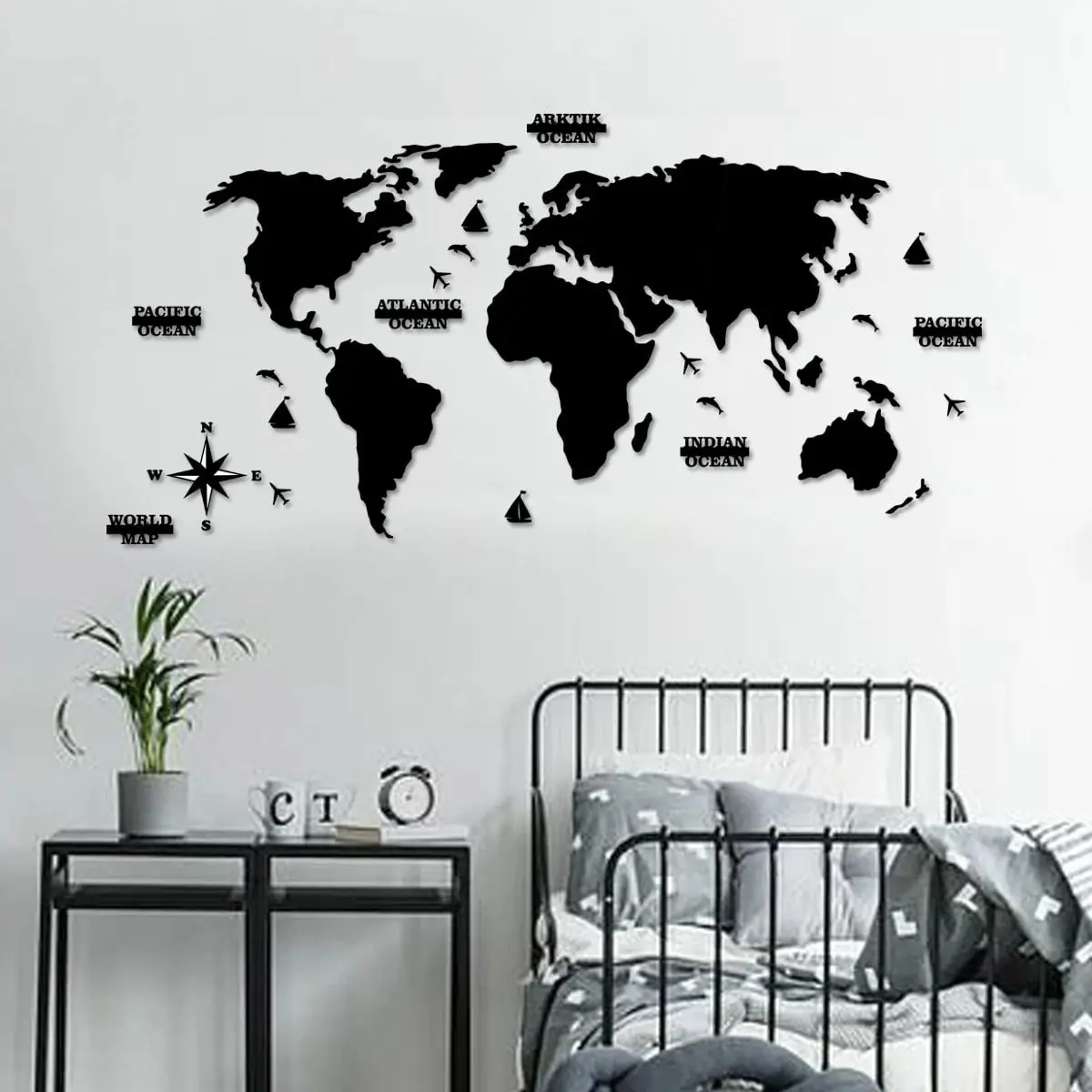 2D Decorative Wooden World Map Wall Decoration for Home Office Living Room Black World Map Wall Decoration and Accessory