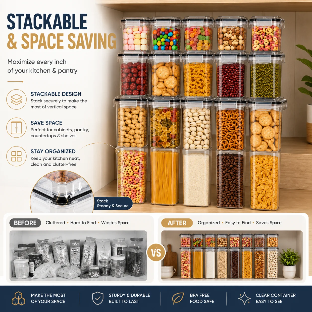 24 Pack Airtight Food Storage Jars, Plastic Dry Food Containers with Sealed Lids, Various Sizes, Kitchen Pantry Storage Organization for Grains, Pasta, Snacks, Cereals, Cereal Containers, Kitchen Organizer