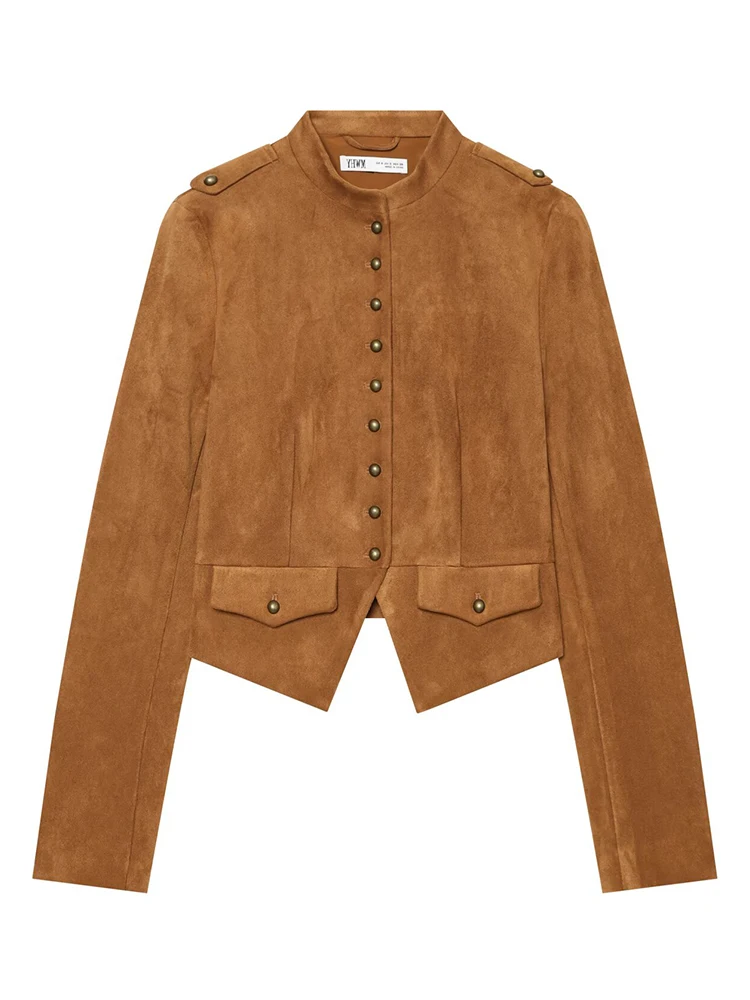 HH Women's Chic Camel Brown Cropped Jacket Military Blazer with Decorative Buttons and Flap Pockets Stylish Office Casual Wear