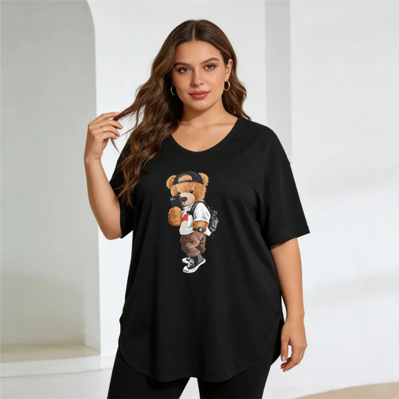 

Женская футболка большого размера с принтом медведя, 40-150 кг, летняя повседневная свободная футболка с короткими рукавами и рисунком из мультфильма