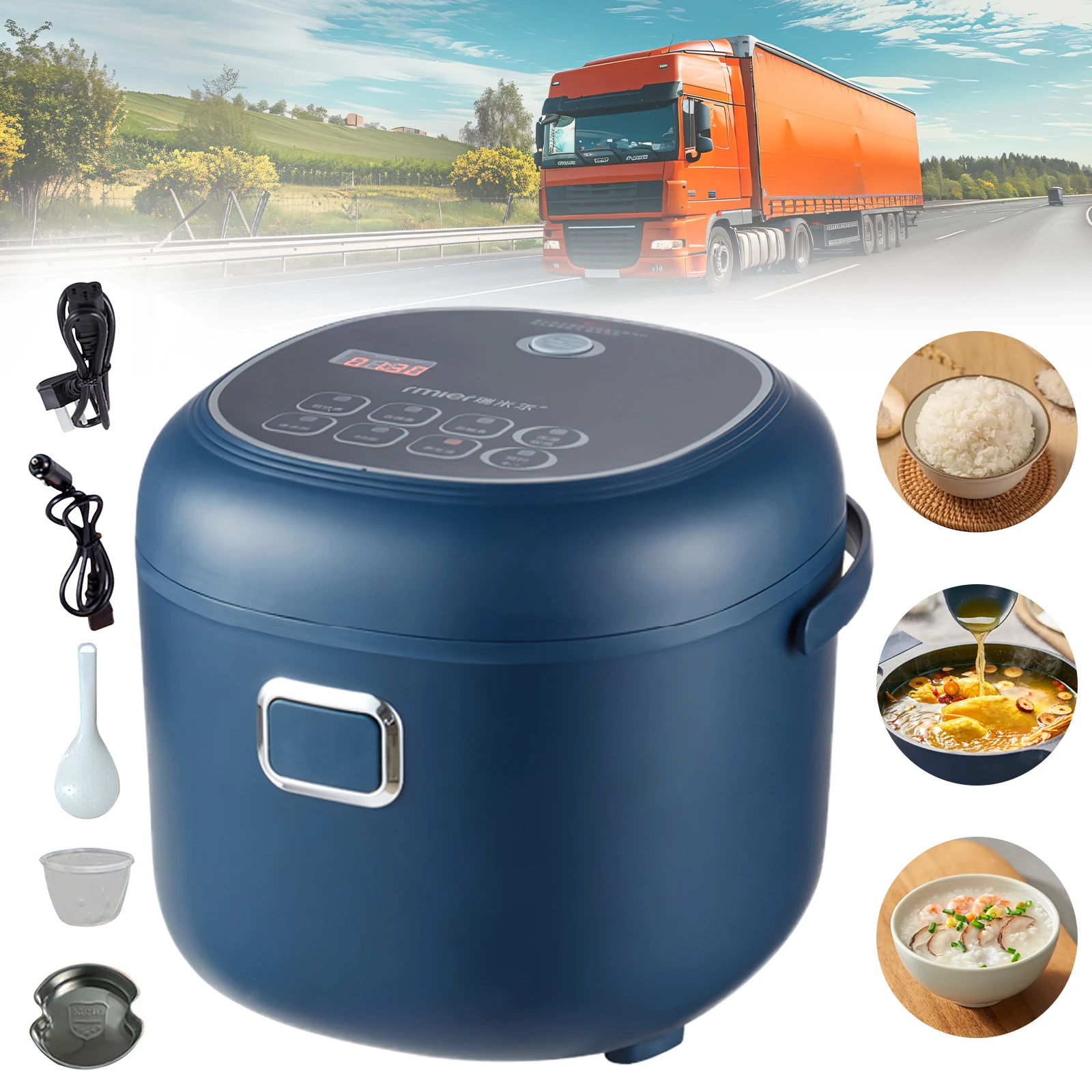 Olla arrocera eléctrica portátil de 2L para coche y camión, 12V 24V 220V, para 1-3 personas