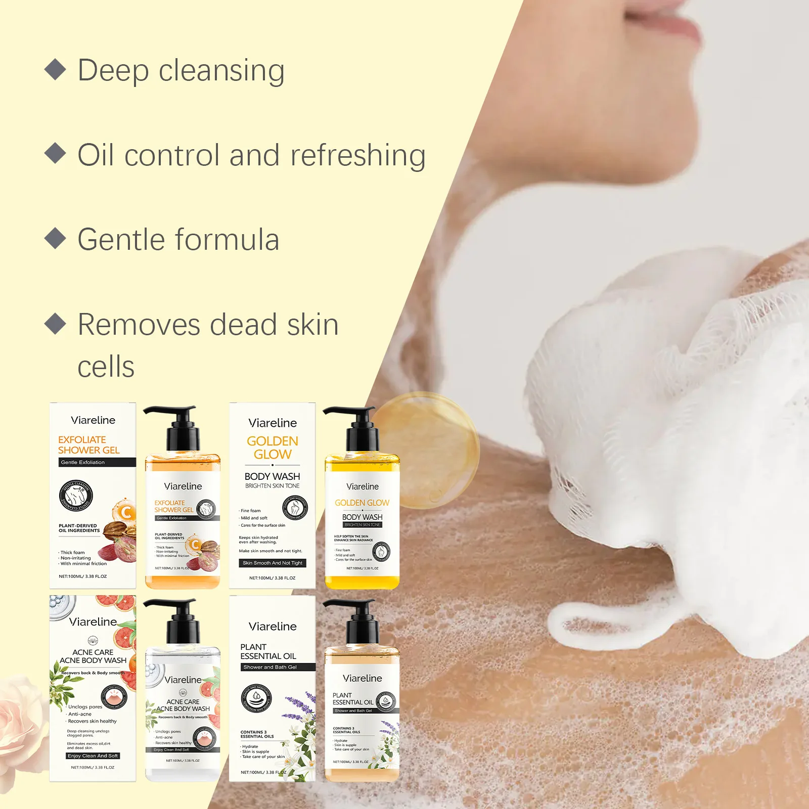 

100 мл гель для душа, нежное очищение, увлажняющий, отшелушивающий массаж, средство для мытья тела, уход за прыщами, стойкий аромат, ежедневная ванна