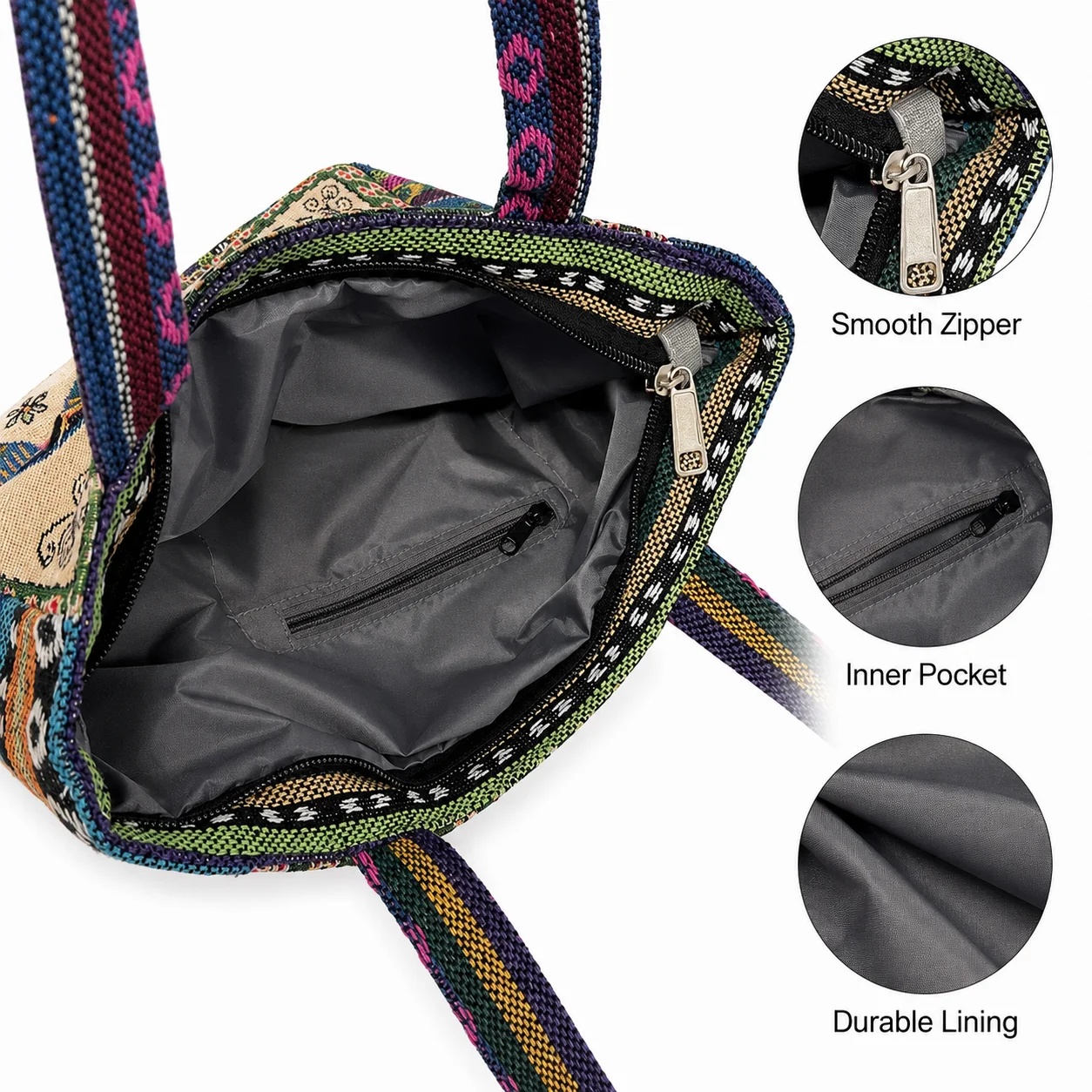 Vintage Ethnische Elefanten-Muster Gewebte Tragetasche Große Kapazität Reißverschluss-Handtasche Boho Schultertasche für Frauen Reisen Einkaufen Täglicher Gebrauch – Detail 5