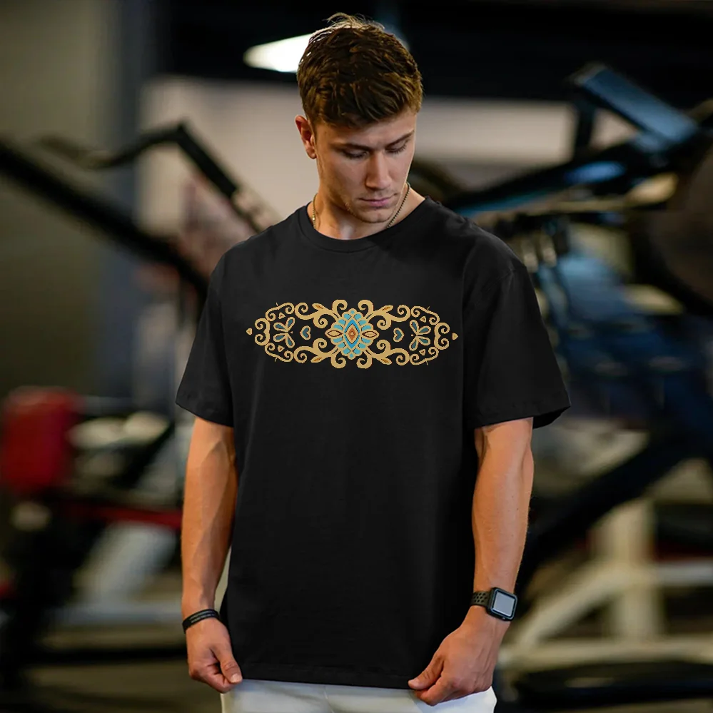

Palace Style Chinese Elements Printing Unisex Pure Cotton Short Sleeve T - shirt Simple Summer Daily Casual Wear Festival Cloth