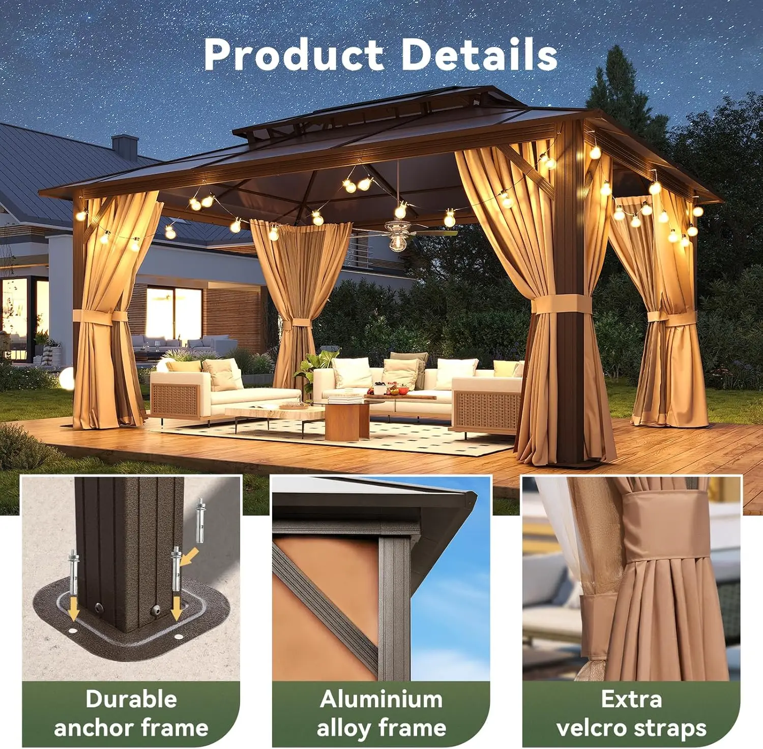 Nordivale 12x16ft Hardtop Gazebo with Double Polycarbonate Roof Aluminum Outdoor Pavilion with Removable Curtains & Netting for Patio Garden (Brown) view 5