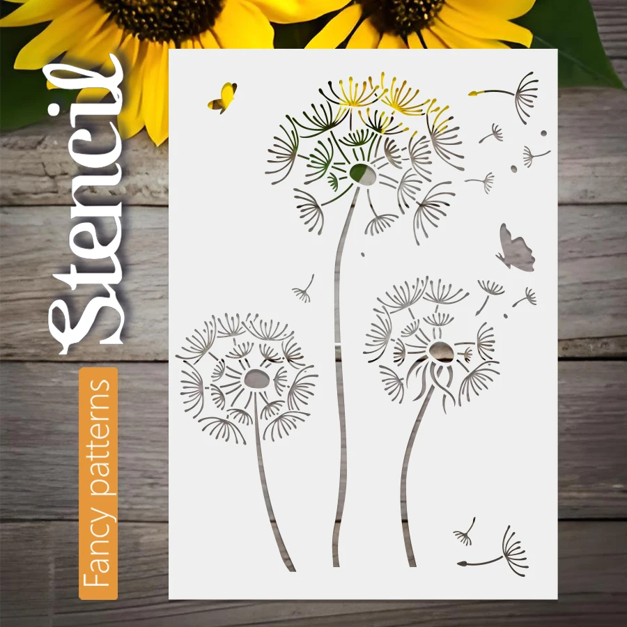 1 peça estêncil de dente de leão A4 para arte de parede, pintura DIY, scrapbooking, móveis e decoração de tecido – modelo PET reutilizável