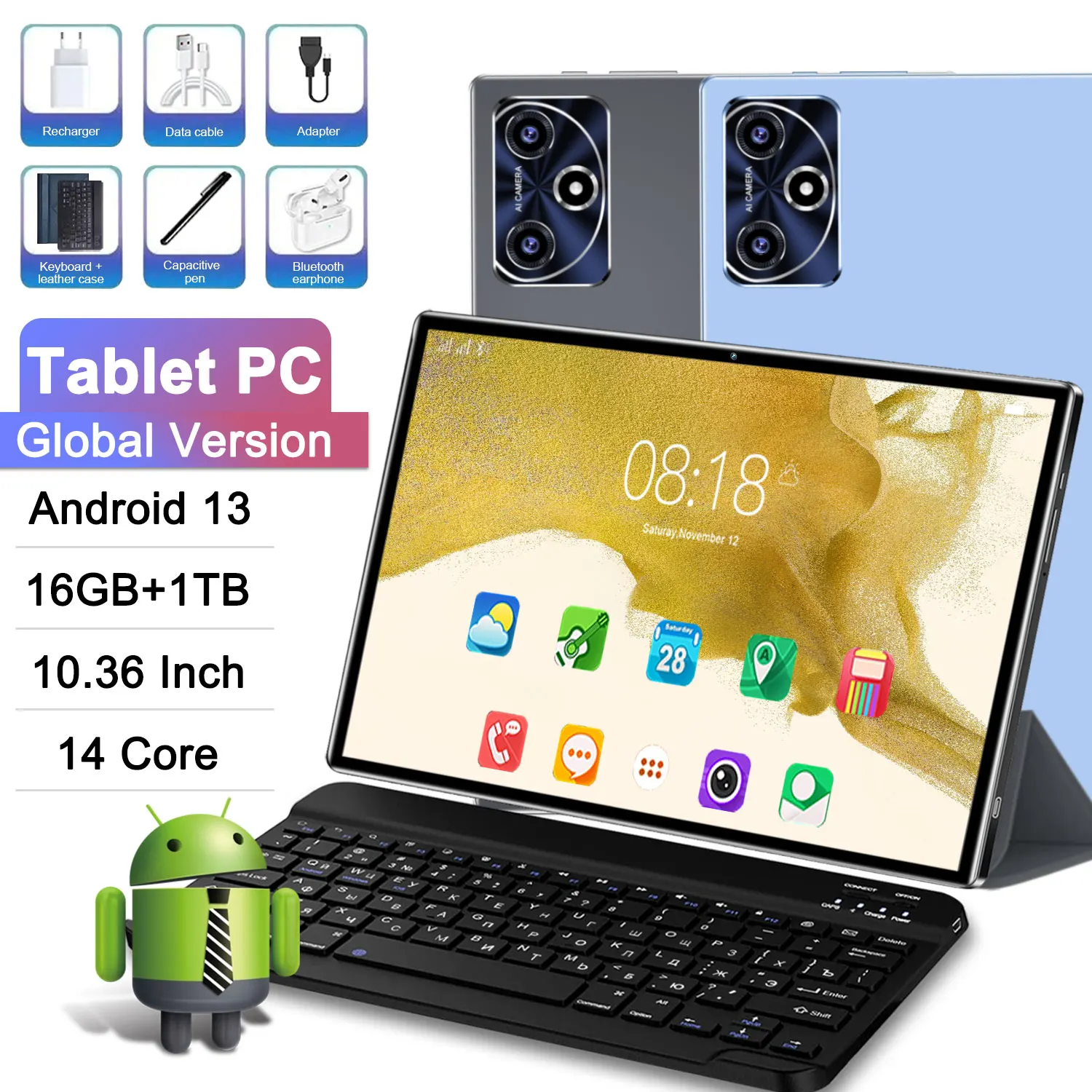 Tablette 5G 2025 Nouvelle avec Batterie Longue Durée 20000mAh, Android 13 Global, 16 Go de RAM, 1 To de ROM, Écran HD 10.36 Pouces, Processeur 10 Cœurs, Double Caméra 16MP+32MP