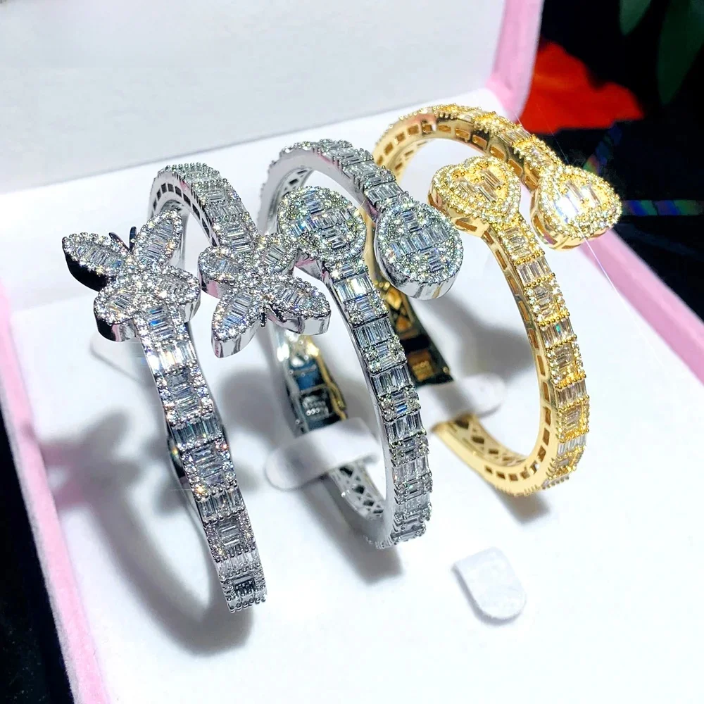 Nowy Iced Out Bling Butterfly bransoletka z serduszkiem kolor srebrny CZ cyrkon owalny amulet otwarty bransoletka dla kobiet mężczyzn Hiphop luksusowa biżuteria — zdjęcie 2