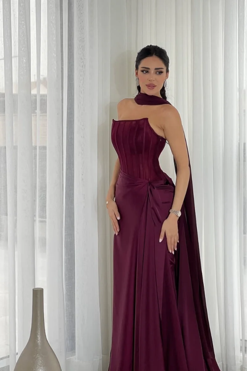 Annie สีม่วงกระดูกปลาชุดราตรี Off-the-shoulder Slim-fit ซาตินชุดราตรีโอกาสพิเศษ PARTY Dresses FBساتة
