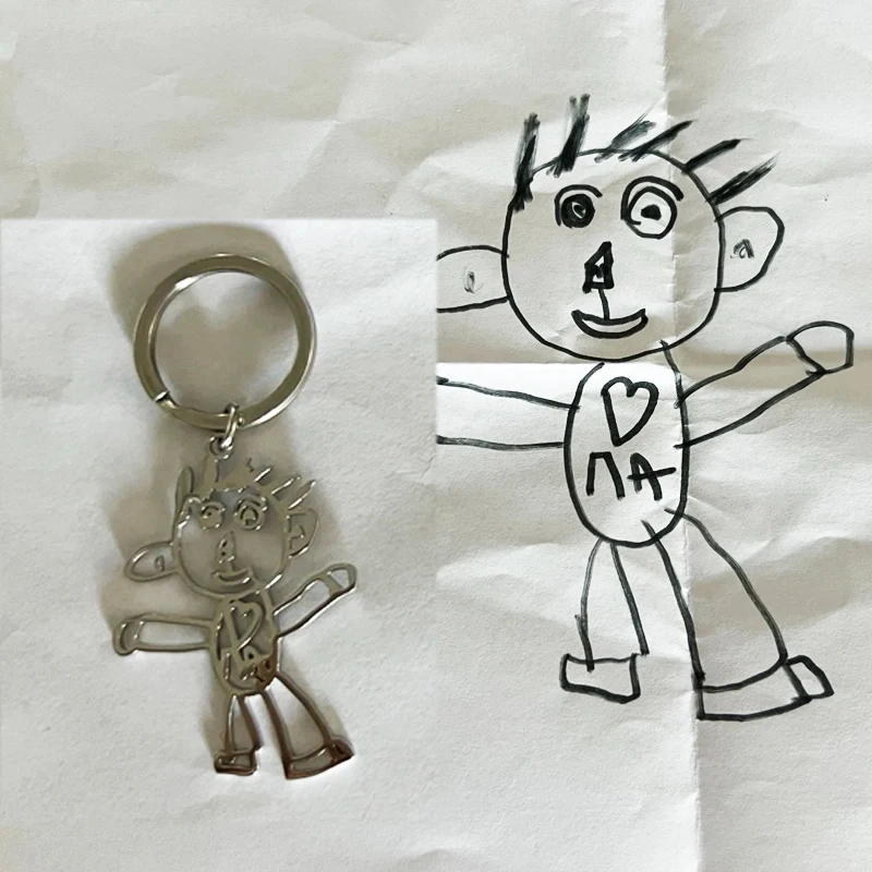 96 hours Shipment Customized Children\'s Drawing Keychain Kid\'s Art Personalized Keyring Stainless Steel Custom Design LOGO Gift