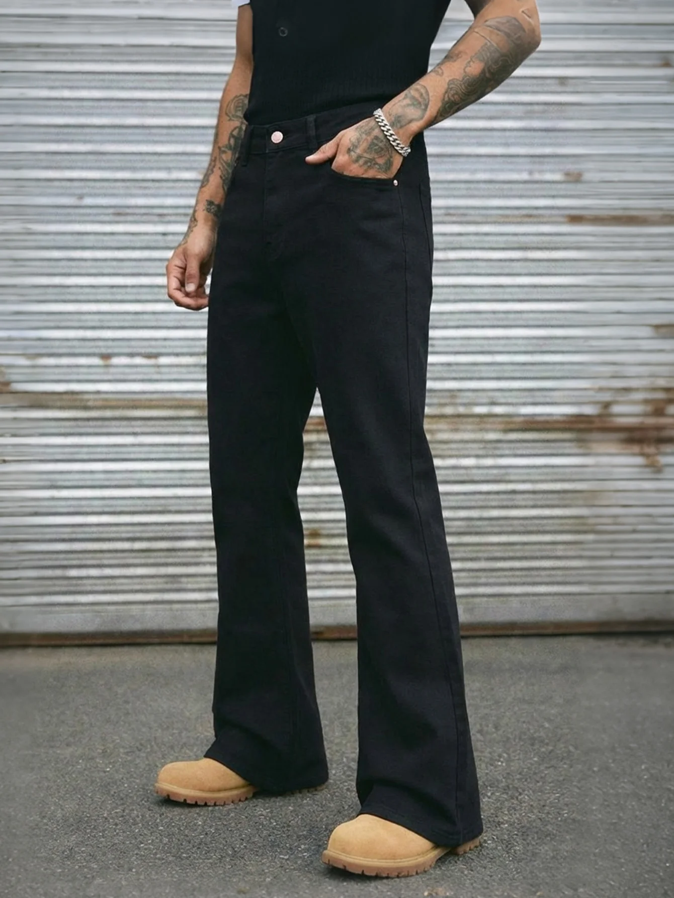 

Men's Bell Bottom Casual Pants - Slim Fit Flared Trousers, Solid Black Streetwear Pants for Daily Wear