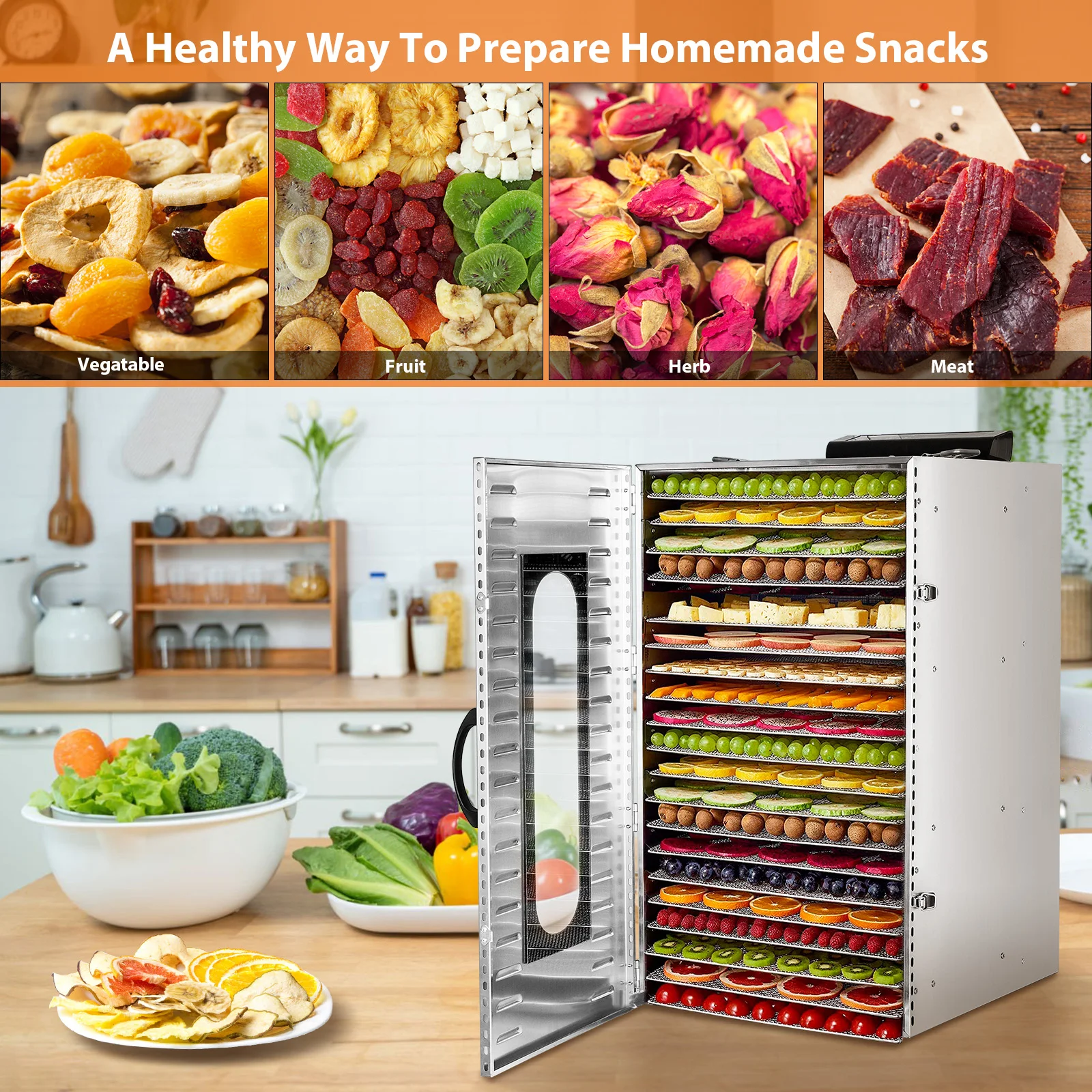 Premium 20-Tier Stainless Steel Food Dehydrator Commercial & Home Use, Adjustable Energy-Efficient Drying for Fruits/Meat/Herbs