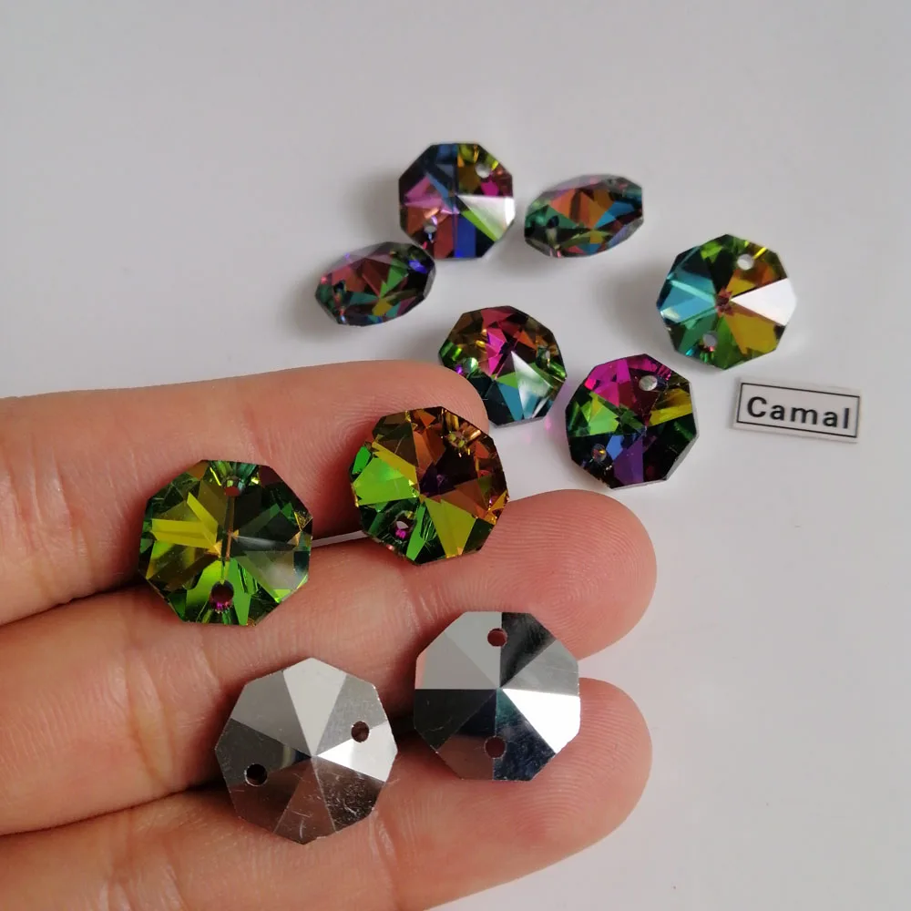 Camal 20pcs 14mm 1/2 Holes Rainbow Glass Crystal Octagonal Loose Bead Prism Pendant Chandelier Suncatcher Lighting Ornament Part