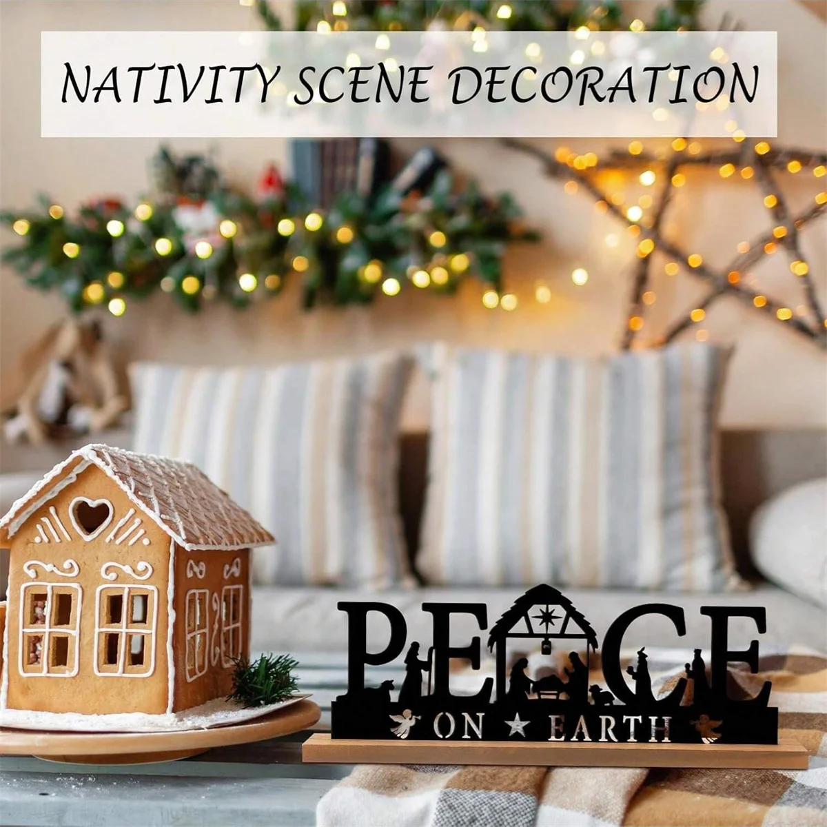 1 قطعة الحلي المعدنية لزينة عيد الميلاد مشهد المهد المعدني الأسود مع قاعدة خشبية للمنزل مكتب الرف ديكور للطاولات #3