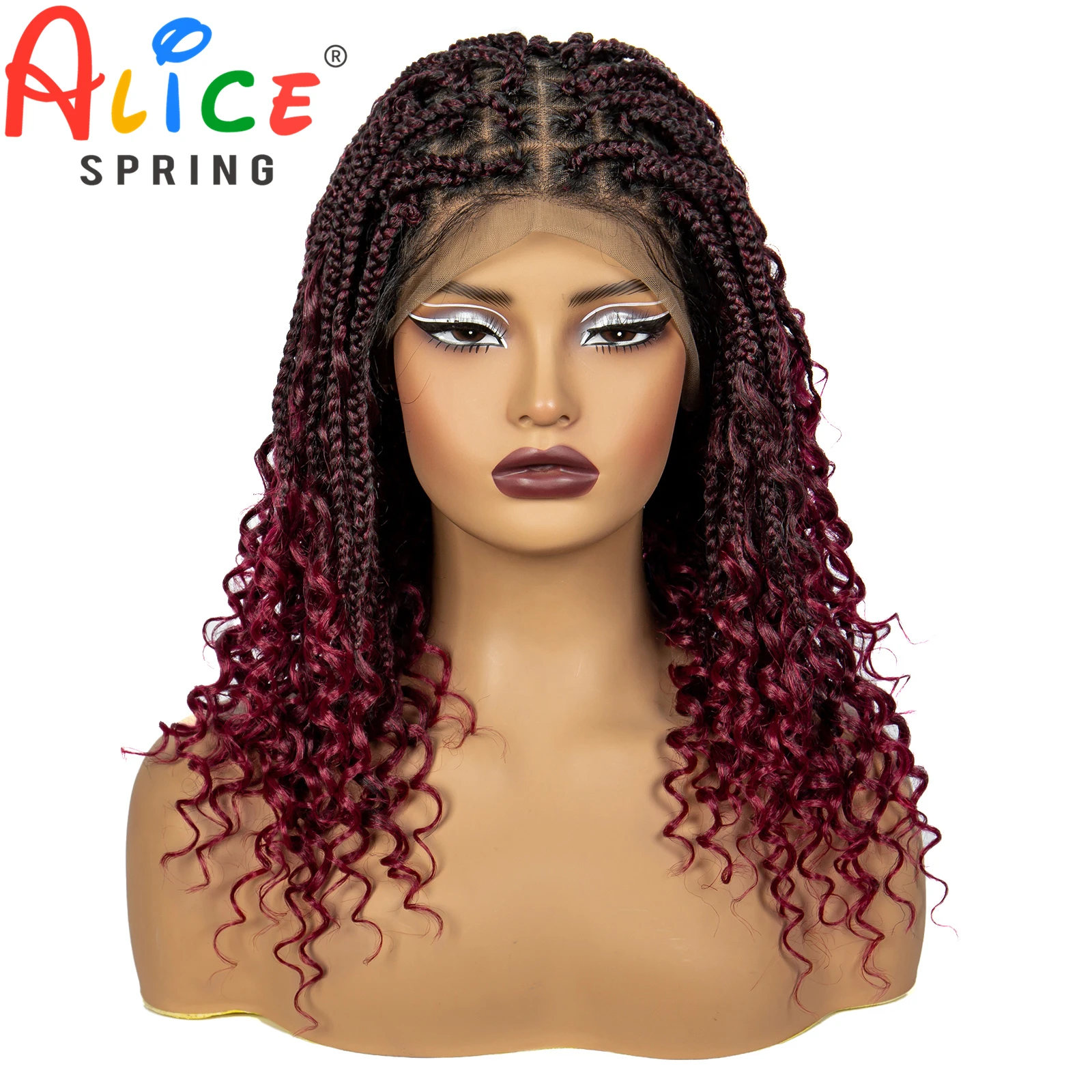 Burgundy 99J# Knotless Box Braided Wigs with Curly Ends Synthetic Full Lace Braids Wigs Boho Braided Bob Wigs for Black Women