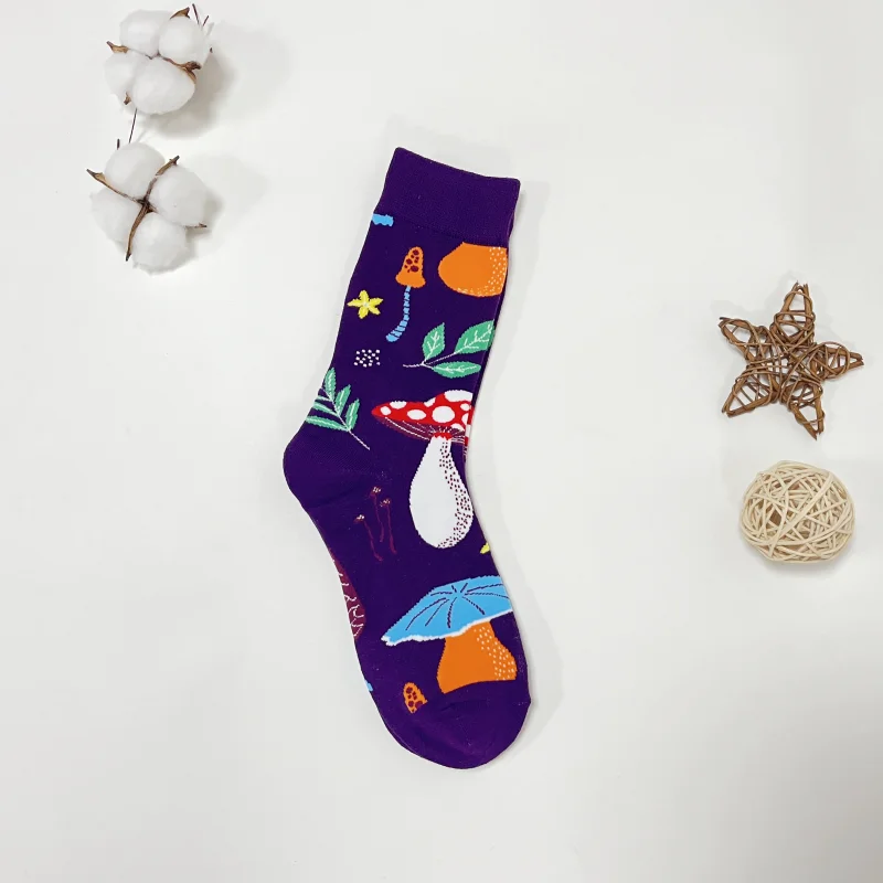 1 Pair Purple Mushroom Pattern Oil Painting Style Fashion Trend Women\'s Mid-Calf Socks
