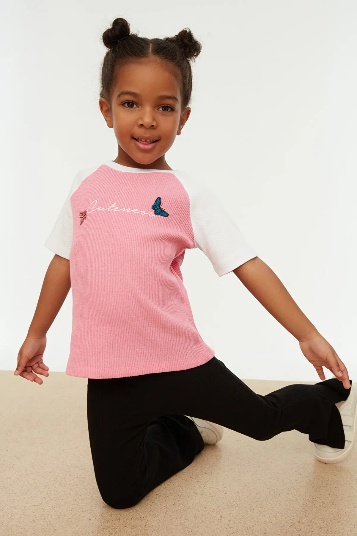 Pink Embroidery Detail Ribbed Female Child Knitted T-Shirt