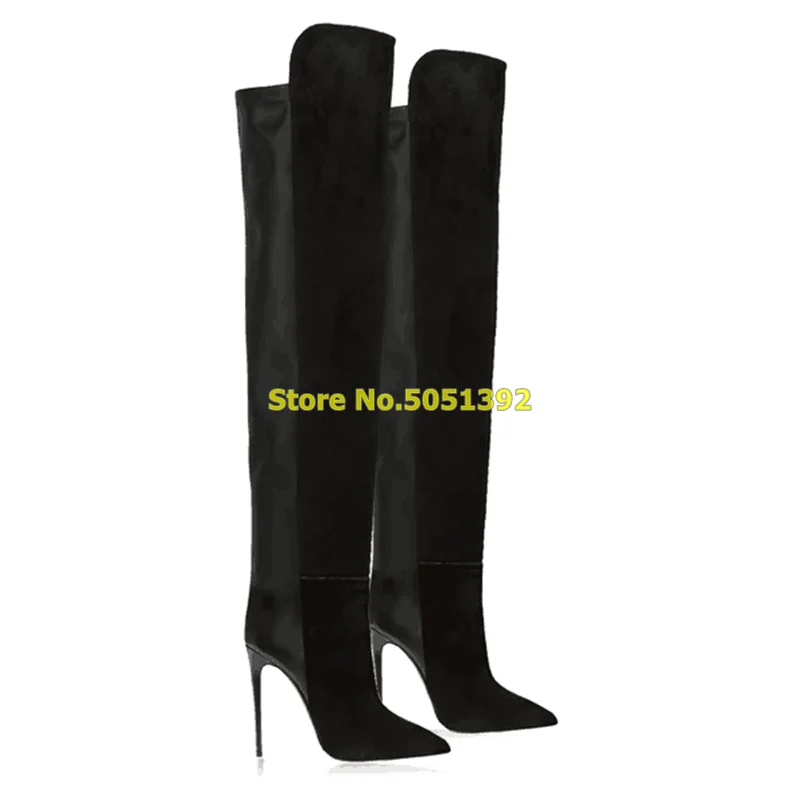 Leather Suede Patchwork Boots Over The Knee Stiletto High Heel Sexy Pointed Toe Solid Fashion Women Boots 2024 New Arrival Shoes