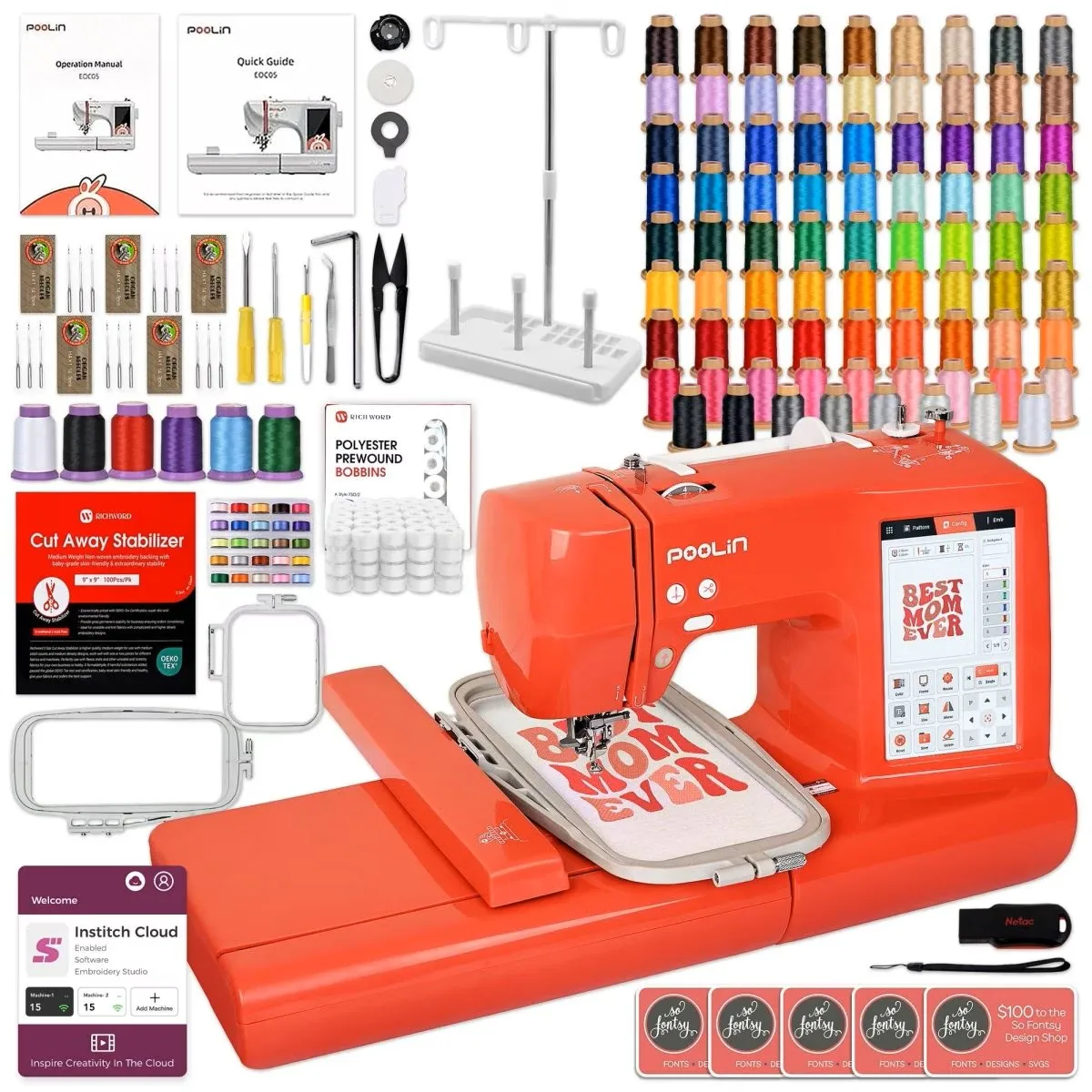 Poolin 05RE Embroidery Machine for Beginners, 4' X 9.25' Embroidery Area 7' Touchscreen, 2 Embroidery Hoops and Starter Kit Included, Plastic Body, Touchscreen UI, Easy to Learn for Beginners, Small DIY Creations, &80 Spools of Polyester Embroidery Thread