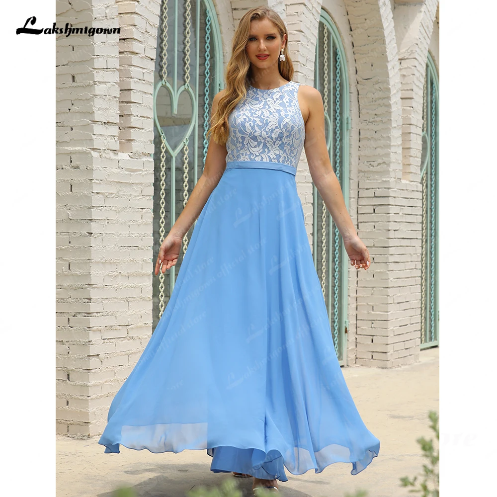 Nieuwe Collectie Blue Lace Bruidsmeisje Jurken Lange Maid Of Honor Jassen Mouwloze O Hals Vestidos Elegantes Para Muje Floor Lengte