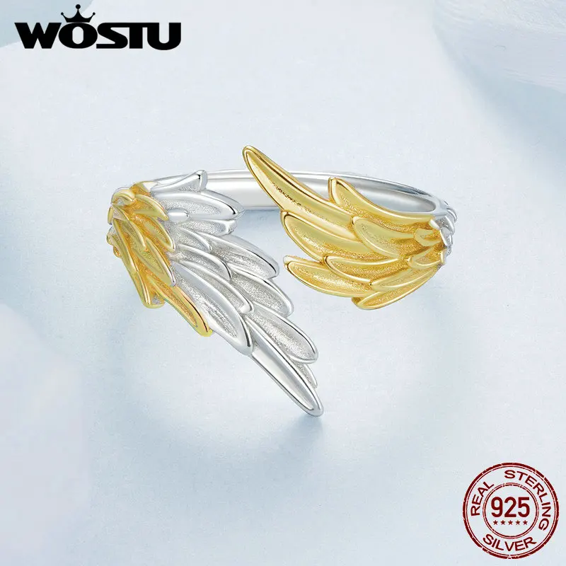 WOSTU 925 Sterling Silver Vintage Two-tone Wing Ring 14K Gold Plated Finger Ring Original Fine Jewelry Gift for Women 0.31cm