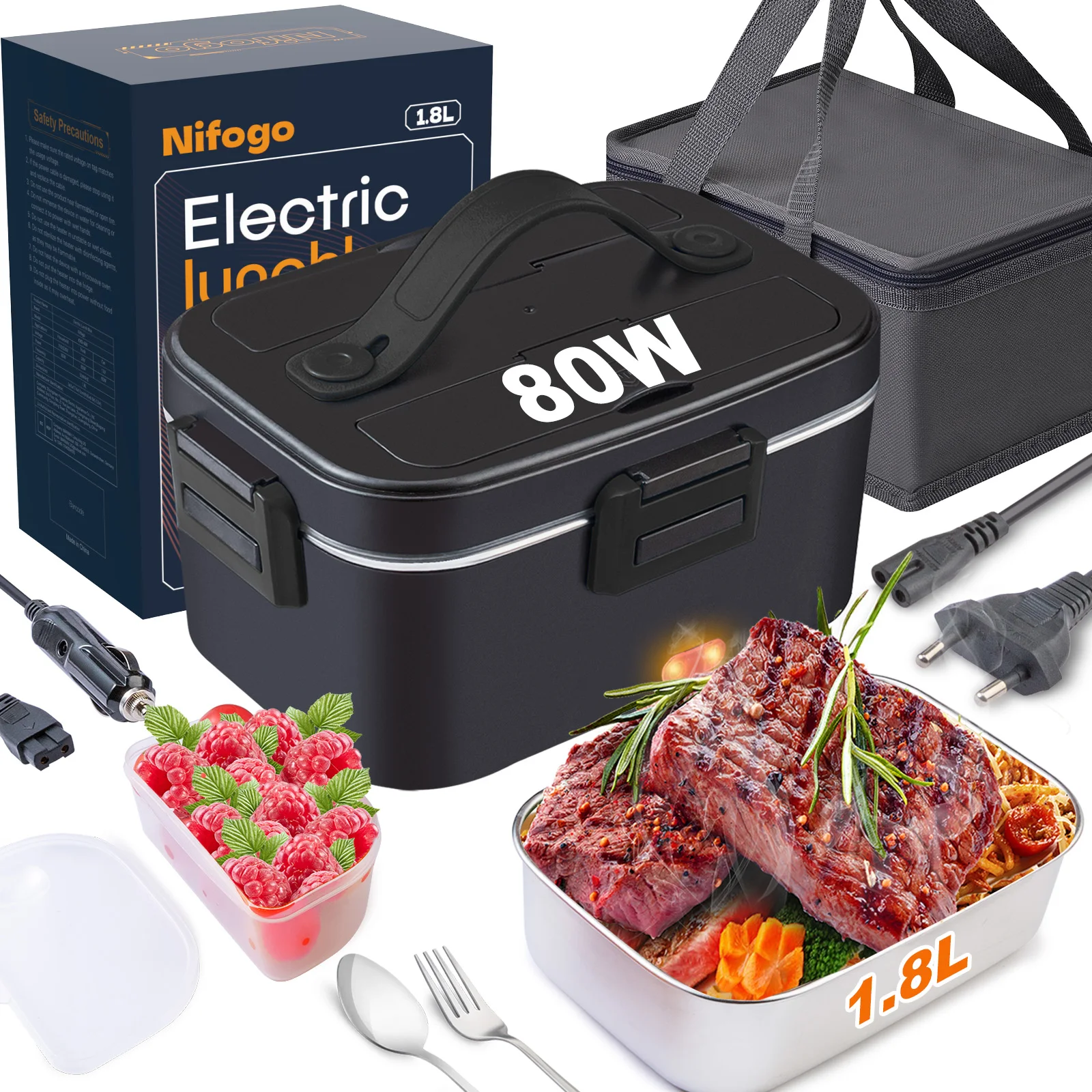 Fiambrera eléctrica 80 W 1,8 L fiambrera portátil extraíble de acero inoxidable 12 V/24 V/230 V coche/camión/oficina con bolsa aislada