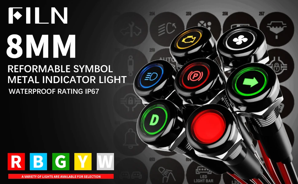 FILN 8mm Symbol-LED-Anzeigeleuchte 12V 24V Schwarze Metall-Anzeigeleuchte mit Kabel für Auto-Armaturenbrett und Maschinen – Detail 3