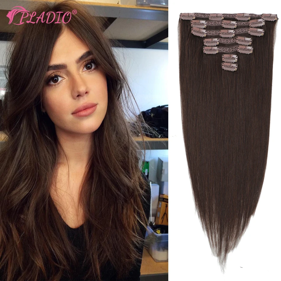 PLADIO Clip em extensões de cabelo 7Pcs Soft Silky Straight Remy cabelo humano Seamless Invisible Hair Extensions for Salon Supply