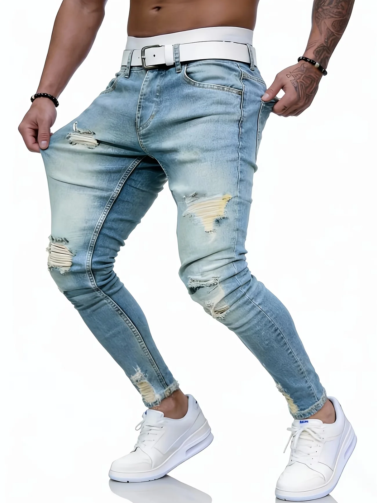 Popular European and American Light Blue Ripped Stretch Jeans, Motion Flex Jeans