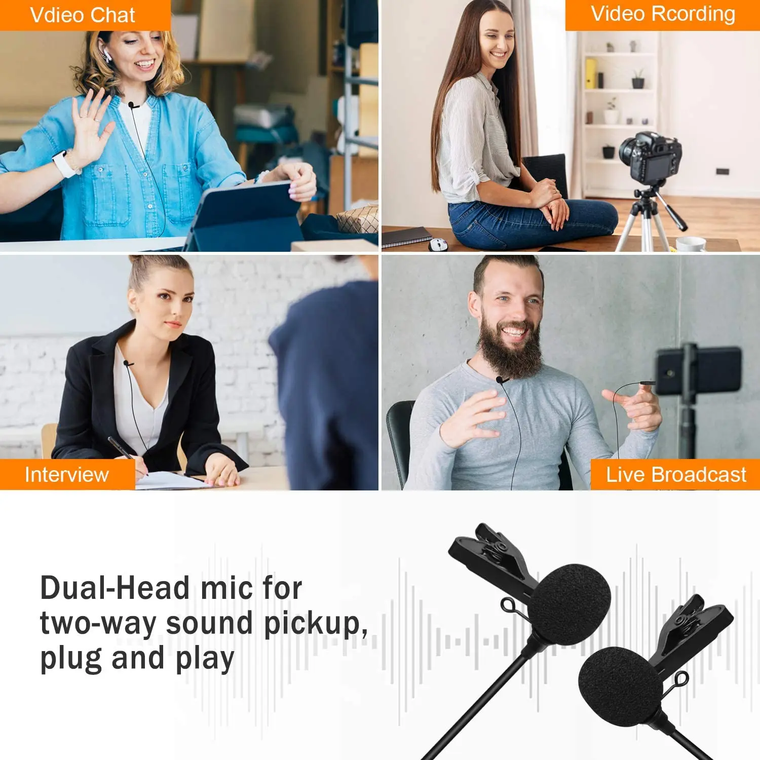 Comica CVM-D02B Dual-head Lavalier Microphone Condenser Microphone Omnidirectional Double Lav Mic For Phone Camera Gopro